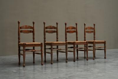 Set of 4 Whimsical Chairs in Oak and Rush 1950s