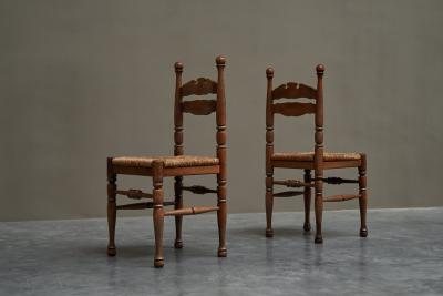 Set of 4 Whimsical Chairs in Oak and Rush 1950s
