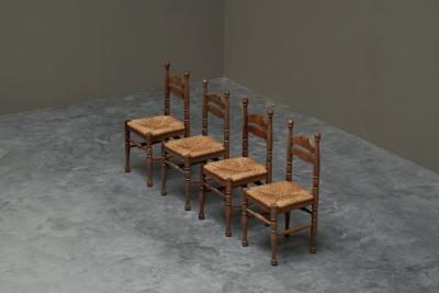 Set of 4 Whimsical Chairs in Oak and Rush 1950s