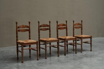 Set of 4 Whimsical Chairs in Oak and Rush 1950s