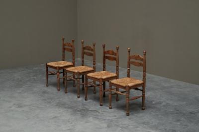 Set of 4 Whimsical Chairs in Oak and Rush 1950s