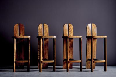 Set of 4 Wooden Bar Stools with Cane Seats