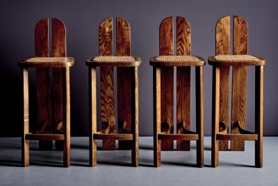Set of 4 Wooden Bar Stools with Cane Seats