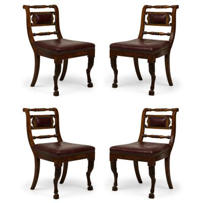 Set of 4 of French Empire Style Turned and Carved Mahogany Burgundy Upholstered