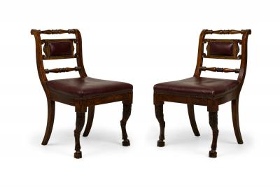 Set of 4 of French Empire Style Turned and Carved Mahogany Burgundy Upholstered
