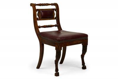 Set of 4 of French Empire Style Turned and Carved Mahogany Burgundy Upholstered