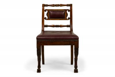 Set of 4 of French Empire Style Turned and Carved Mahogany Burgundy Upholstered