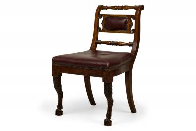 Set of 4 of French Empire Style Turned and Carved Mahogany Burgundy Upholstered