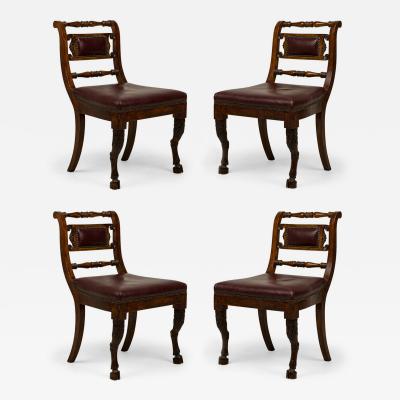 Set of 4 of French Empire Style Turned and Carved Mahogany Burgundy Upholstered