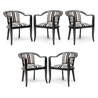 Set of 5 American Mid Century Ed Wormley Ebonized With Striped Upholestory Armch