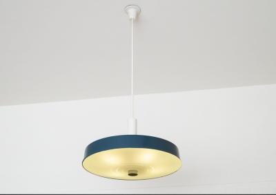 Set of 5 Large Mid Century Pendant Lamps in Painted Metal and Opaline Glass 1960