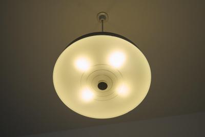 Set of 5 Large Mid Century Pendant Lamps in Painted Metal and Opaline Glass 1960