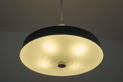 Set of 5 Large Mid Century Pendant Lamps in Painted Metal and Opaline Glass 1960