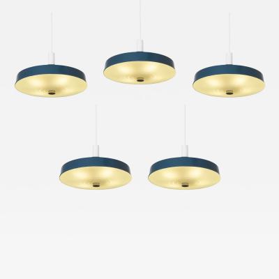 Set of 5 Large Mid Century Pendant Lamps in Painted Metal and Opaline Glass 1960