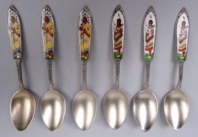 Set of 6 American Colonial Revival Powhatan Pocahontas Enamel Spoons
