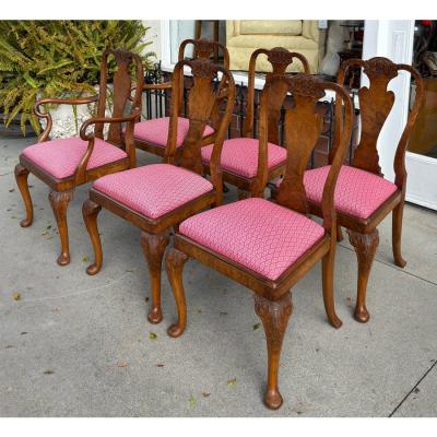 Set of 6 Antique Queen Anne Style Carved Burl Walnut Dining Chairs