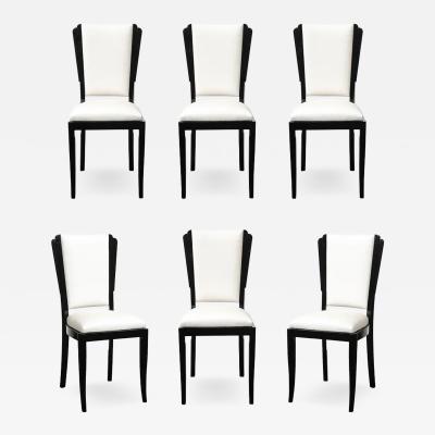 Set of 6 Art Deco Skyscraper Black Lacquer Off White Upholstery Dining Chairs