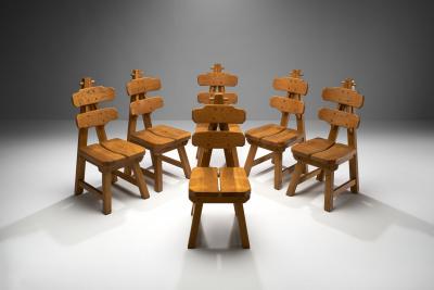 Set of 6 Brutalist Chairs in Solid Oak Spain 1970s
