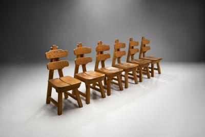 Set of 6 Brutalist Chairs in Solid Oak Spain 1970s