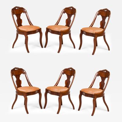 Set of 6 Carved Wood Gondola Dining Chairs with Acanthus Weave Upholstered Seats