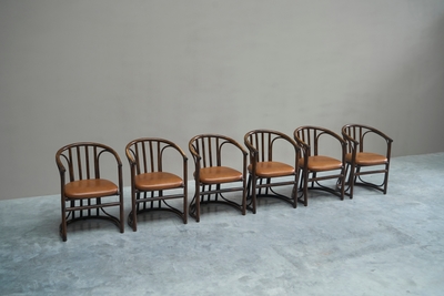 Set of 6 Chairs in Bamboo and Patinated Cognac Leather Mid 20th Century
