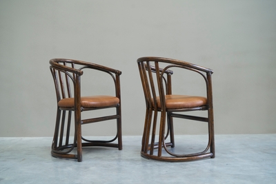 Set of 6 Chairs in Bamboo and Patinated Cognac Leather Mid 20th Century