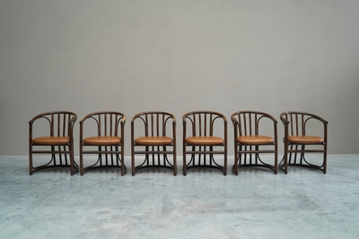 Set of 6 Chairs in Bamboo and Patinated Cognac Leather Mid 20th Century