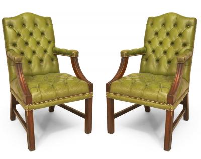 Set of 6 English Georgian Green Tufted Chairs