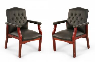 Set of 6 English Georgian Style Black Tufted Faux Leather Conference Armchairs