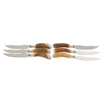 Set of 6 English Rustic Horn Handled Stainless Steel Steak Knives