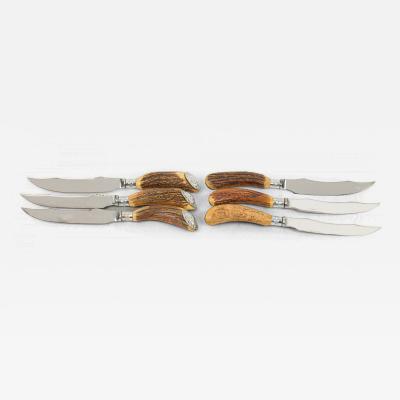 Set of 6 English Rustic Horn Handled Stainless Steel Steak Knives