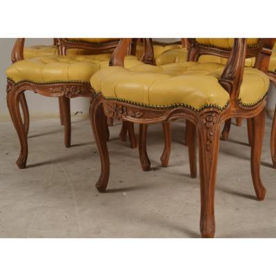 Set of 6 French Provincial Style Tufted Yellow Leather Arm Chair Fauteuils