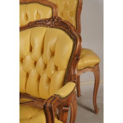 Set of 6 French Provincial Style Tufted Yellow Leather Arm Chair Fauteuils