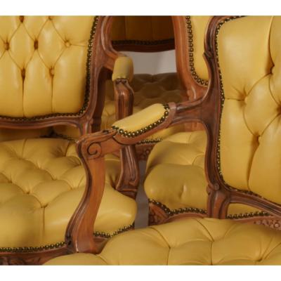 Set of 6 French Provincial Style Tufted Yellow Leather Arm Chair Fauteuils