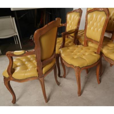 Set of 6 French Provincial Style Tufted Yellow Leather Arm Chair Fauteuils