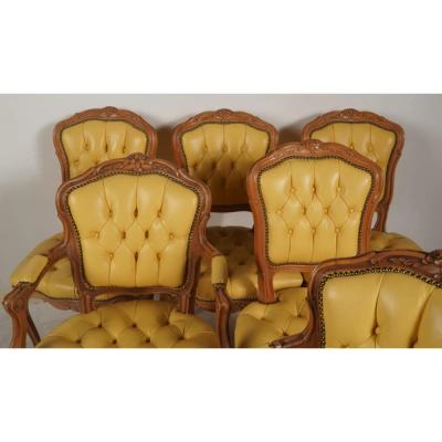Set of 6 French Provincial Style Tufted Yellow Leather Arm Chair Fauteuils