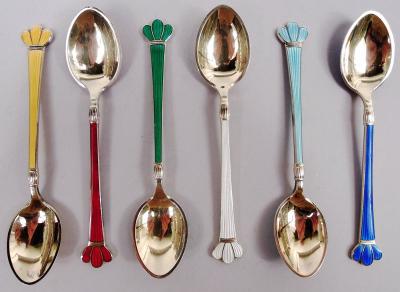 Set of 6 Georg Jensen USA Danish Modern Enamel Demitasse Spoons