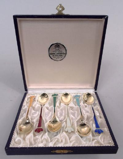 Set of 6 Georg Jensen USA Danish Modern Enamel Demitasse Spoons