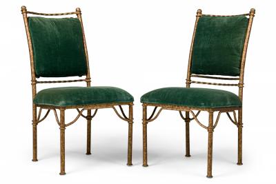Set of 6 Italian Mid Century Gilt Iron and Green Velvet Side Chairs