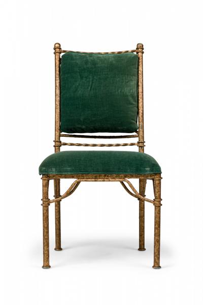 Set of 6 Italian Mid Century Gilt Iron and Green Velvet Side Chairs