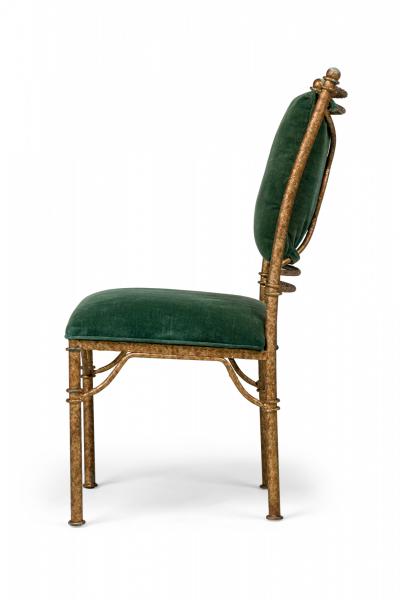 Set of 6 Italian Mid Century Gilt Iron and Green Velvet Side Chairs