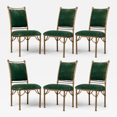 Set of 6 Italian Mid Century Gilt Iron and Green Velvet Side Chairs
