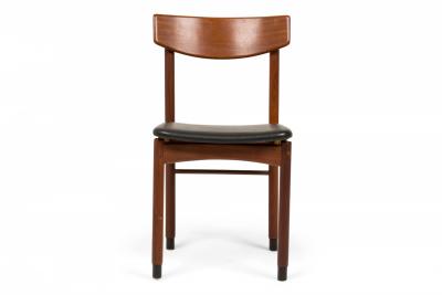 Set of 6 Italian Mid Century Teak and Black Faux Leather Side Dining Chairs