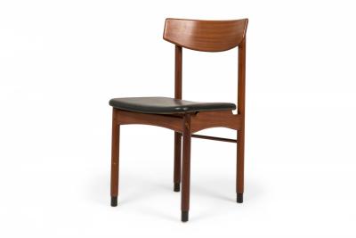 Set of 6 Italian Mid Century Teak and Black Faux Leather Side Dining Chairs