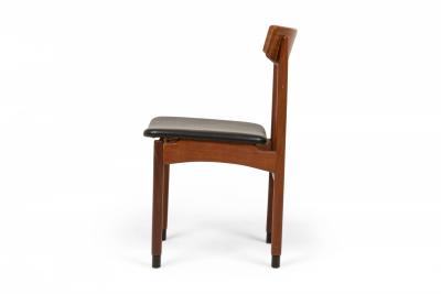 Set of 6 Italian Mid Century Teak and Black Faux Leather Side Dining Chairs