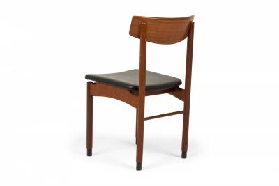 Set of 6 Italian Mid Century Teak and Black Faux Leather Side Dining Chairs
