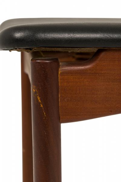 Set of 6 Italian Mid Century Teak and Black Faux Leather Side Dining Chairs