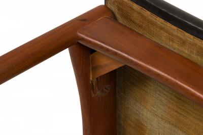 Set of 6 Italian Mid Century Teak and Black Faux Leather Side Dining Chairs