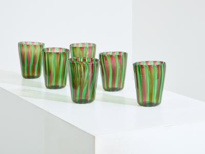 Set of 6 Italian Murano green and purple glass tumblers 1980s