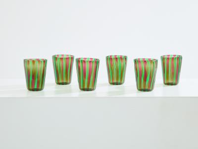 Set of 6 Italian Murano green and purple glass tumblers 1980s